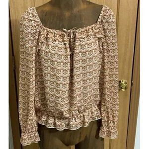 DR2 Floral Blouse Women's Small Brown Pink Peasant Geometric Long Sleeves